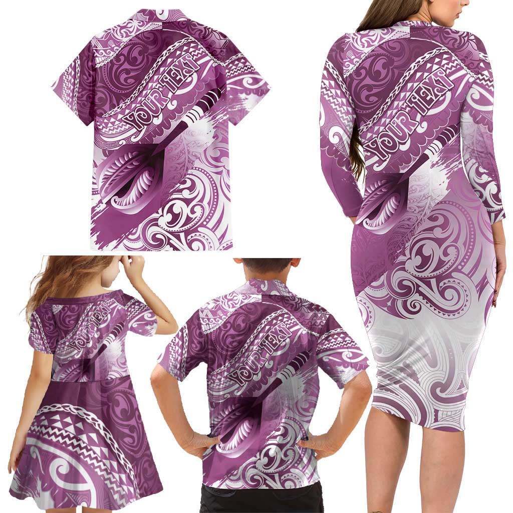 Personalised New Zealand Aotearoa Darts Masters Family Matching Long Sleeve Bodycon Dress and Hawaiian Shirt Maori Art Tattoo with Tribal Dart Symbol Pink - Polynesian Pride