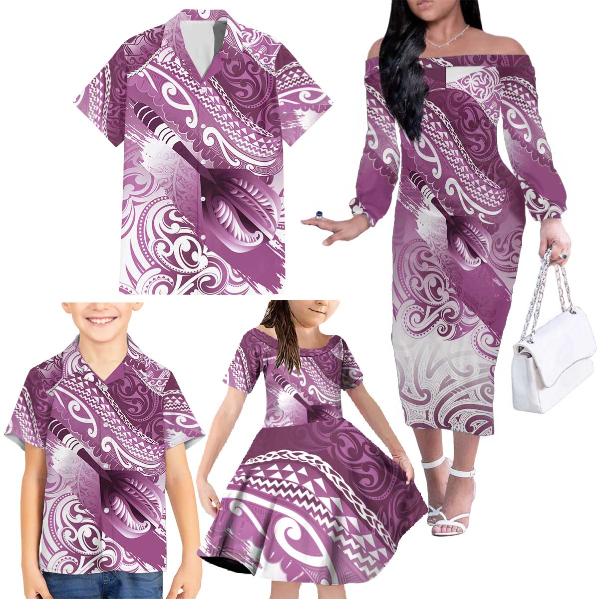 Personalised New Zealand Aotearoa Darts Masters Family Matching Off The Shoulder Long Sleeve Dress and Hawaiian Shirt Maori Art Tattoo with Tribal Dart Symbol Pink - Polynesian Pride