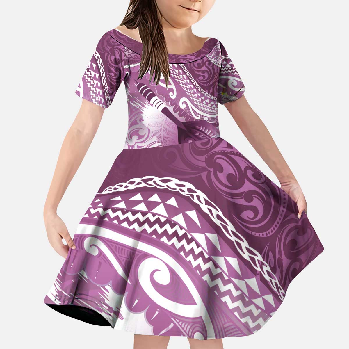 Personalised New Zealand Aotearoa Darts Masters Kid Short Sleeve Dress Maori Art Tattoo with Tribal Dart Symbol Pink - Polynesian Pride