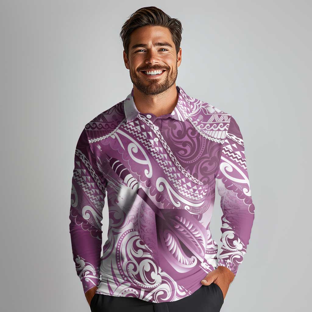 Personalised New Zealand Aotearoa Darts Masters Long Sleeve Polo Shirt Maori Art Tattoo with Tribal Dart Symbol Pink - Polynesian Pride