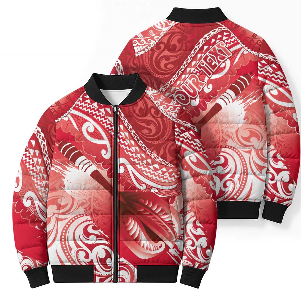 Personalised New Zealand Aotearoa Darts Masters Bomber Puffer Jacket Maori Art Tattoo with Tribal Dart Symbol Red - Polynesian Pride