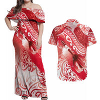 Personalised New Zealand Aotearoa Darts Masters Couples Matching Off Shoulder Maxi Dress and Hawaiian Shirt Maori Art Tattoo with Tribal Dart Symbol Red - Polynesian Pride