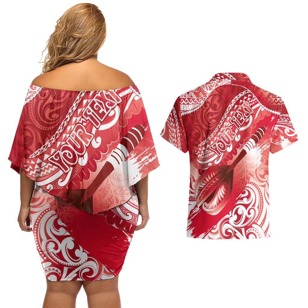 Personalised New Zealand Aotearoa Darts Masters Couples Matching Off Shoulder Short Dress and Hawaiian Shirt Maori Art Tattoo with Tribal Dart Symbol Red - Polynesian Pride