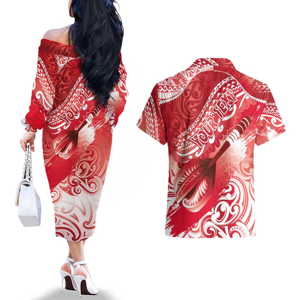 Personalised New Zealand Aotearoa Darts Masters Couples Matching Off The Shoulder Long Sleeve Dress and Hawaiian Shirt Maori Art Tattoo with Tribal Dart Symbol Red - Polynesian Pride