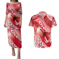 Personalised New Zealand Aotearoa Darts Masters Couples Matching Puletasi and Hawaiian Shirt Maori Art Tattoo with Tribal Dart Symbol Red - Polynesian Pride