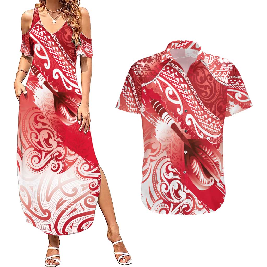 Personalised New Zealand Aotearoa Darts Masters Couples Matching Summer Maxi Dress and Hawaiian Shirt Maori Art Tattoo with Tribal Dart Symbol Red - Polynesian Pride