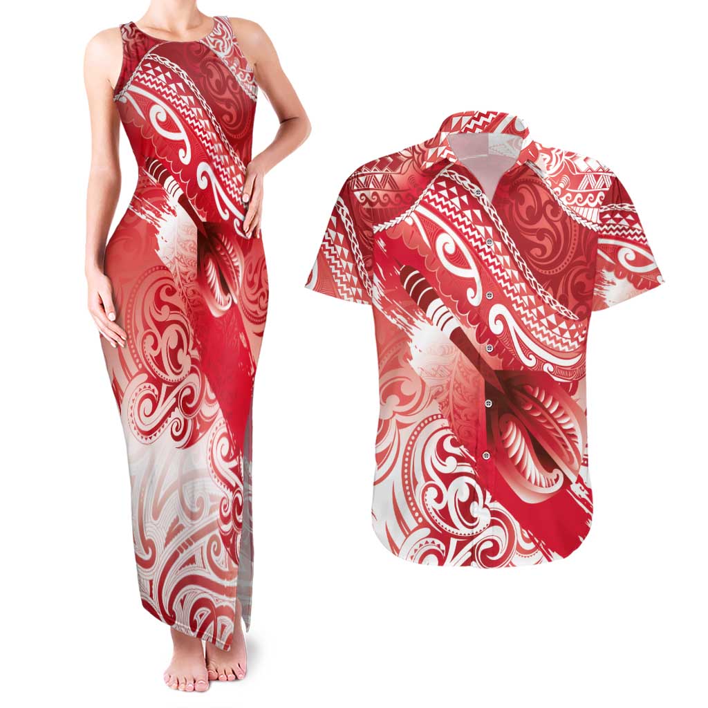 Personalised New Zealand Aotearoa Darts Masters Couples Matching Tank Maxi Dress and Hawaiian Shirt Maori Art Tattoo with Tribal Dart Symbol Red - Polynesian Pride