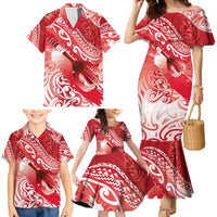 Personalised New Zealand Aotearoa Darts Masters Family Matching Mermaid Dress and Hawaiian Shirt Maori Art Tattoo with Tribal Dart Symbol Red - Polynesian Pride
