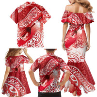 Personalised New Zealand Aotearoa Darts Masters Family Matching Mermaid Dress and Hawaiian Shirt Maori Art Tattoo with Tribal Dart Symbol Red - Polynesian Pride