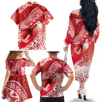 Personalised New Zealand Aotearoa Darts Masters Family Matching Off The Shoulder Long Sleeve Dress and Hawaiian Shirt Maori Art Tattoo with Tribal Dart Symbol Red - Polynesian Pride