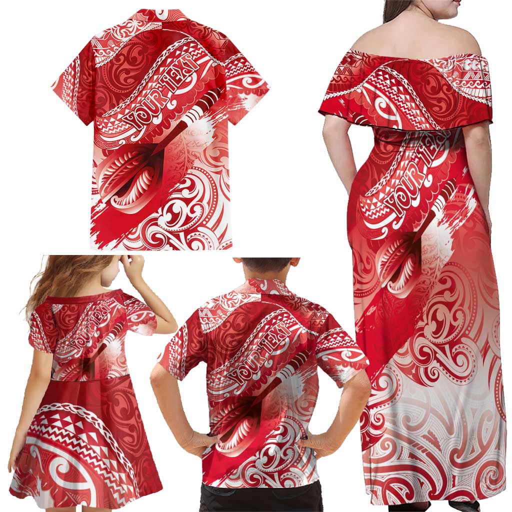 Personalised New Zealand Aotearoa Darts Masters Family Matching Off Shoulder Maxi Dress and Hawaiian Shirt Maori Art Tattoo with Tribal Dart Symbol Red - Polynesian Pride