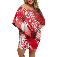 Personalised New Zealand Aotearoa Darts Masters Family Matching Off Shoulder Short Dress and Hawaiian Shirt Maori Art Tattoo with Tribal Dart Symbol Red - Polynesian Pride