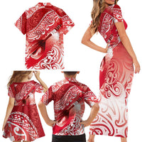 Personalised New Zealand Aotearoa Darts Masters Family Matching Short Sleeve Bodycon Dress and Hawaiian Shirt Maori Art Tattoo with Tribal Dart Symbol Red - Polynesian Pride