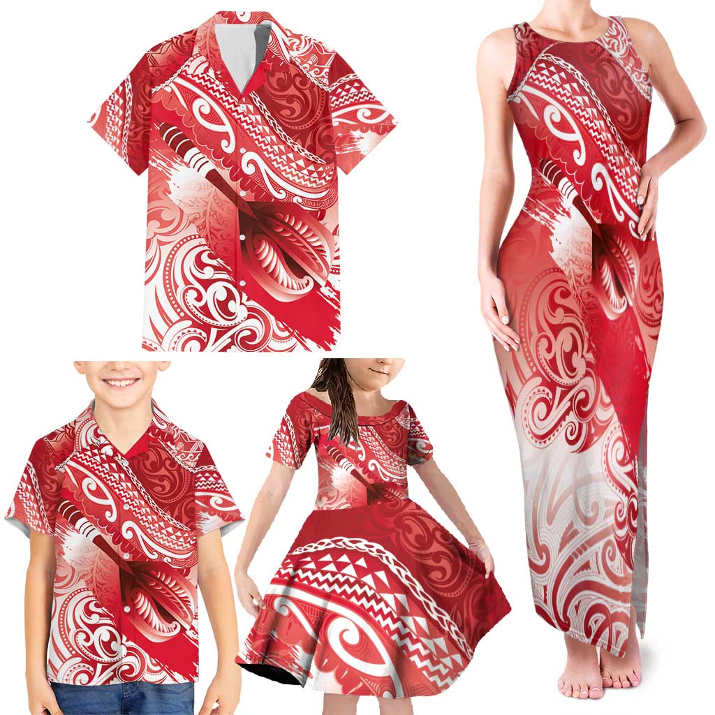 Personalised New Zealand Aotearoa Darts Masters Family Matching Tank Maxi Dress and Hawaiian Shirt Maori Art Tattoo with Tribal Dart Symbol Red - Polynesian Pride