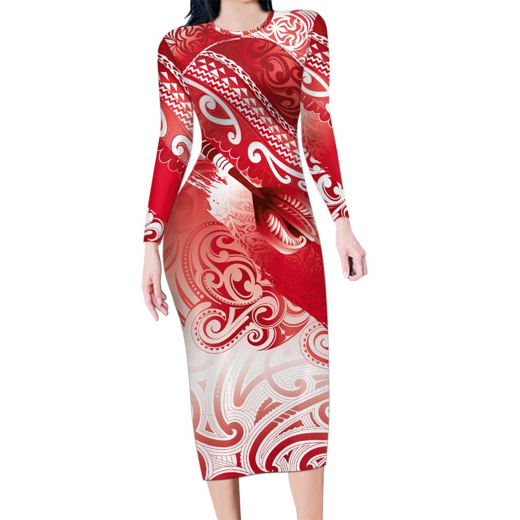 Personalised New Zealand Aotearoa Darts Masters Long Sleeve Bodycon Dress Maori Art Tattoo with Tribal Dart Symbol Red - Polynesian Pride