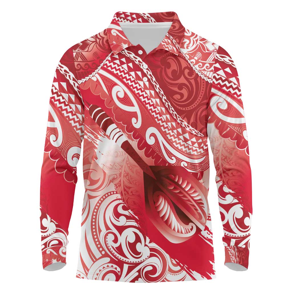 Personalised New Zealand Aotearoa Darts Masters Long Sleeve Polo Shirt Maori Art Tattoo with Tribal Dart Symbol Red - Polynesian Pride