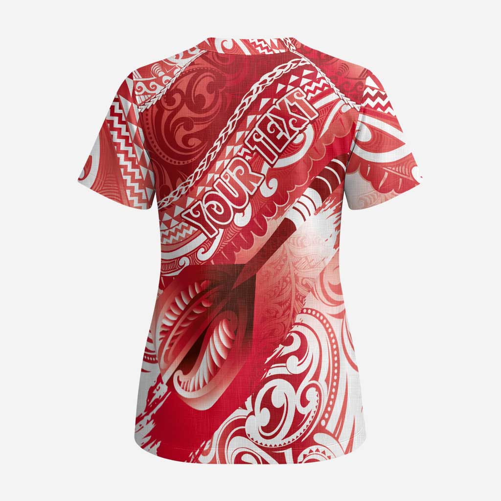 Personalised New Zealand Aotearoa Darts Masters Scrub Top Maori Art Tattoo with Tribal Dart Symbol Red - Polynesian Pride