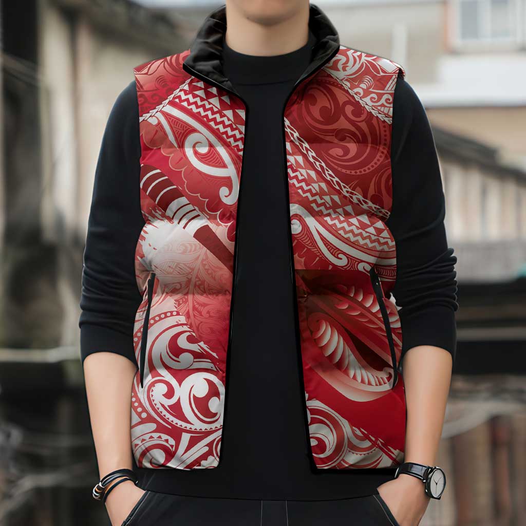 Personalised New Zealand Aotearoa Darts Masters Sleeveless Puffer Jacket Maori Art Tattoo with Tribal Dart Symbol Red - Polynesian Pride