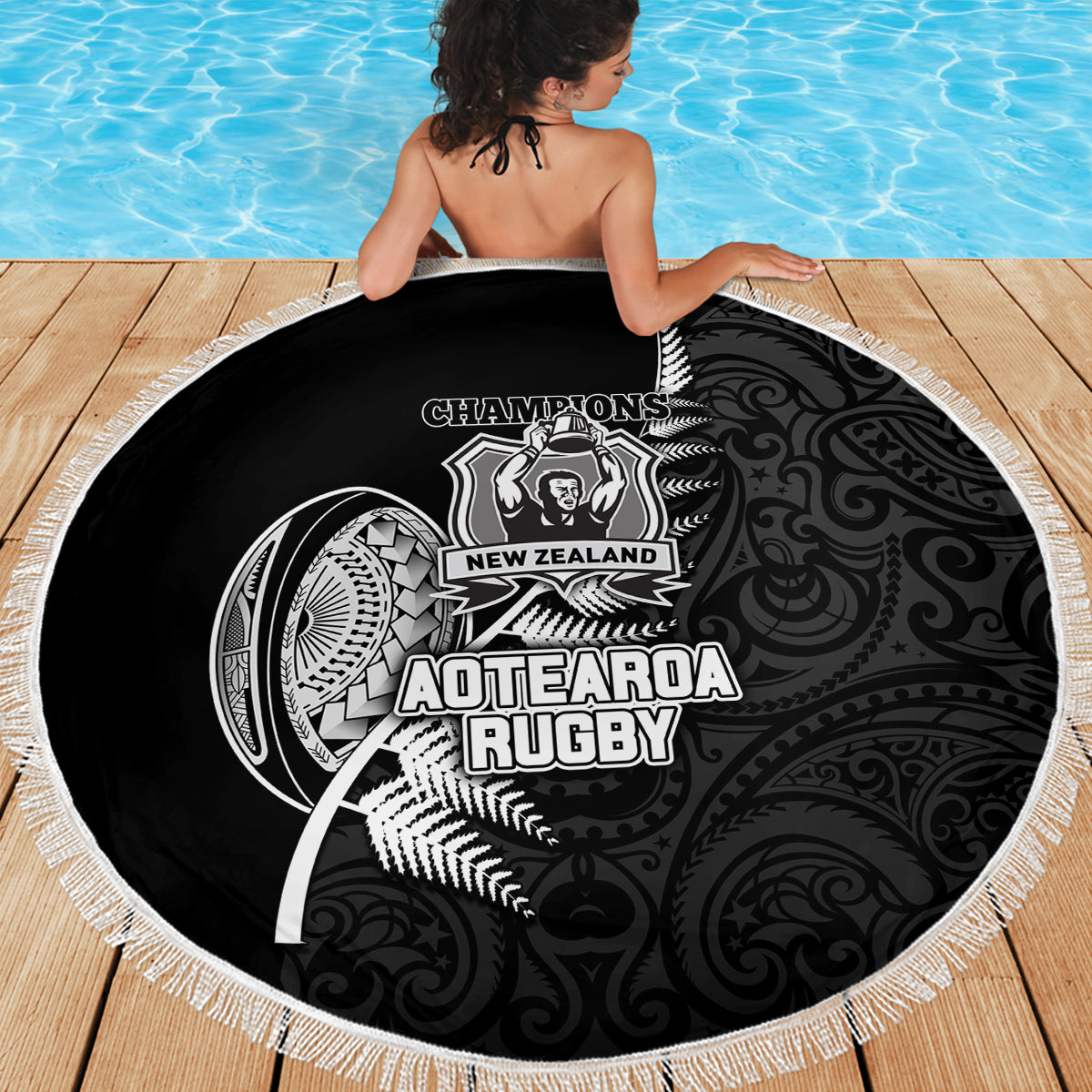 New Zealand World Cup 2023 Beach Blanket Aotearoa Champion Rugby with Silver Fern Maori Ethnic Pattern LT03 - Wonder Print Shop