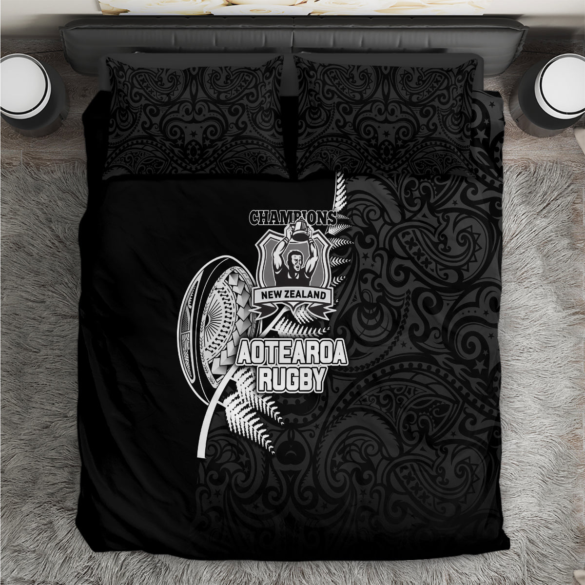 New Zealand World Cup 2023 Bedding Set Aotearoa Champion Rugby with Silver Fern Maori Ethnic Pattern LT03 Black - Polynesian Pride
