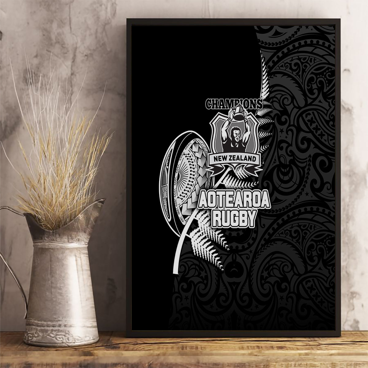 New Zealand World Cup 2023 Canvas Wall Art Aotearoa Champion Rugby with Silver Fern Maori Ethnic Pattern LT03 - Polynesian Pride