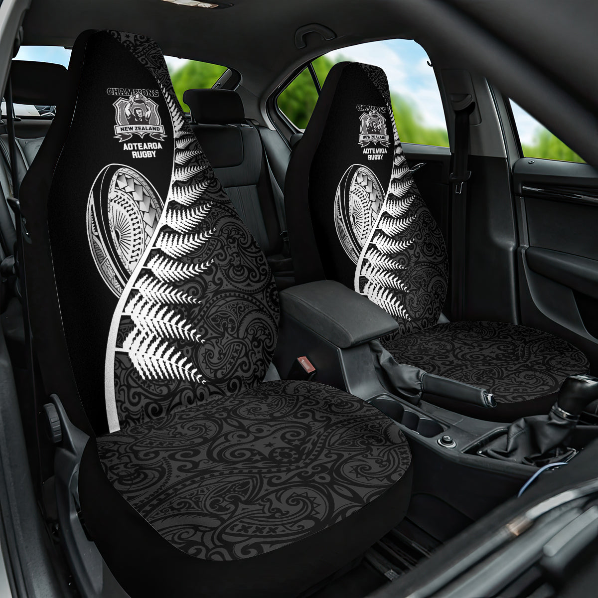 New Zealand World Cup 2023 Car Seat Cover Aotearoa Champion Rugby with Silver Fern Maori Ethnic Pattern LT03 One Size Black - Polynesian Pride