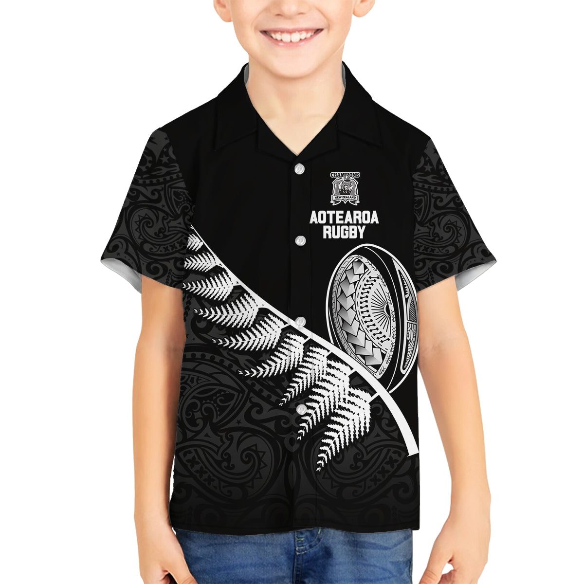 New Zealand World Cup 2023 Family Matching Summer Maxi Dress and Hawaiian Shirt Aotearoa Champion Rugby with Silver Fern Maori Ethnic Pattern LT03 Son's Shirt Black - Polynesian Pride