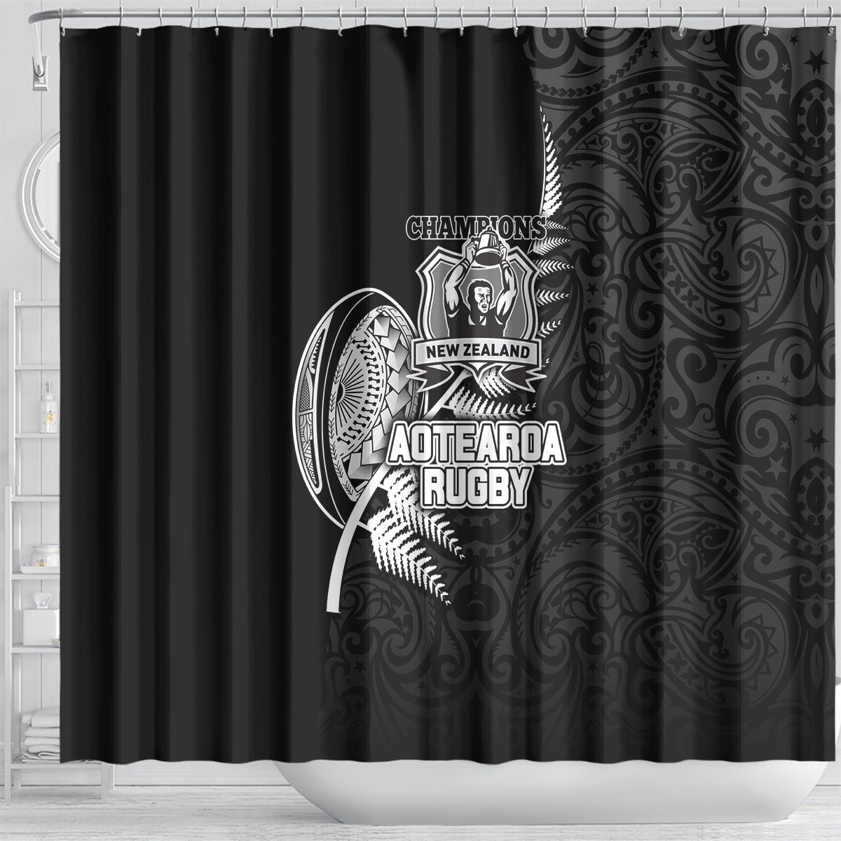 New Zealand World Cup 2023 Shower Curtain Aotearoa Champion Rugby with Silver Fern Maori Ethnic Pattern LT03 - Polynesian Pride