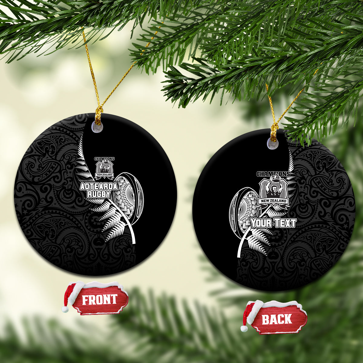 Custom New Zealand World Cup 2023 Ceramic Ornament Aotearoa Champion Rugby with Silver Fern Maori Ethnic Pattern LT03 Black - Polynesian Pride