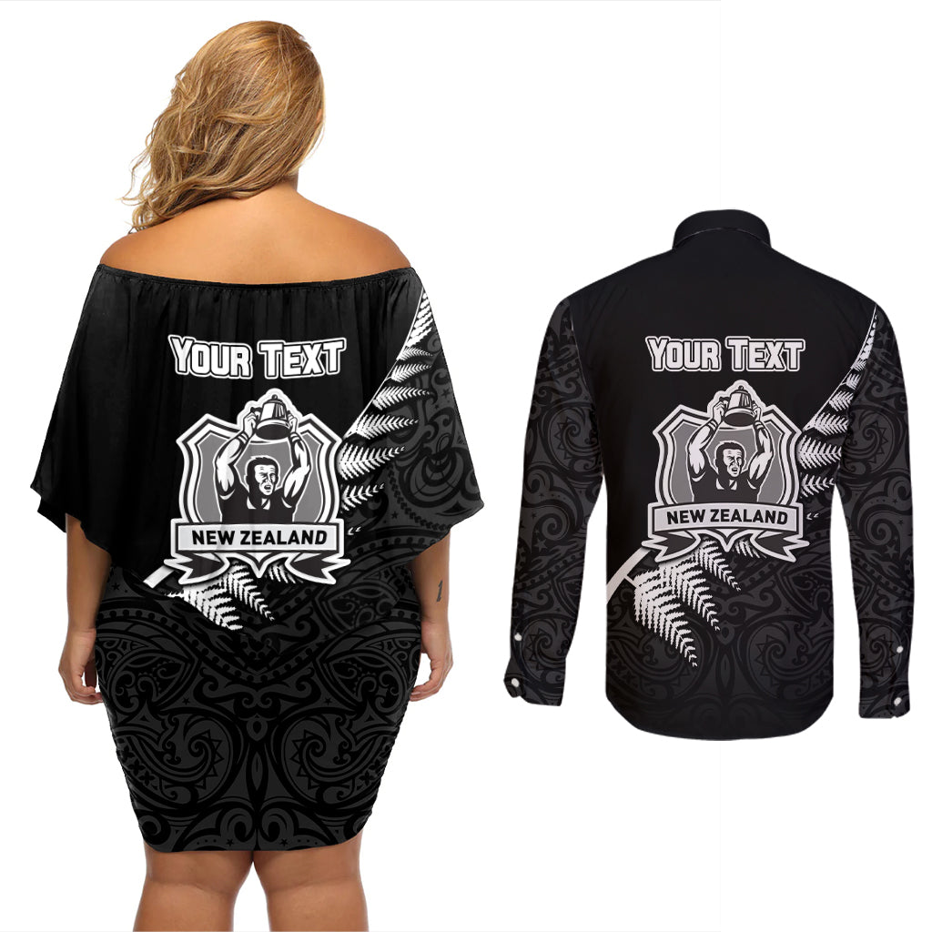 Custom New Zealand World Cup 2023 Couples Matching Off Shoulder Short Dress and Long Sleeve Button Shirt Aotearoa Champion Rugby with Silver Fern Maori Ethnic Pattern LT03 - Polynesian Pride