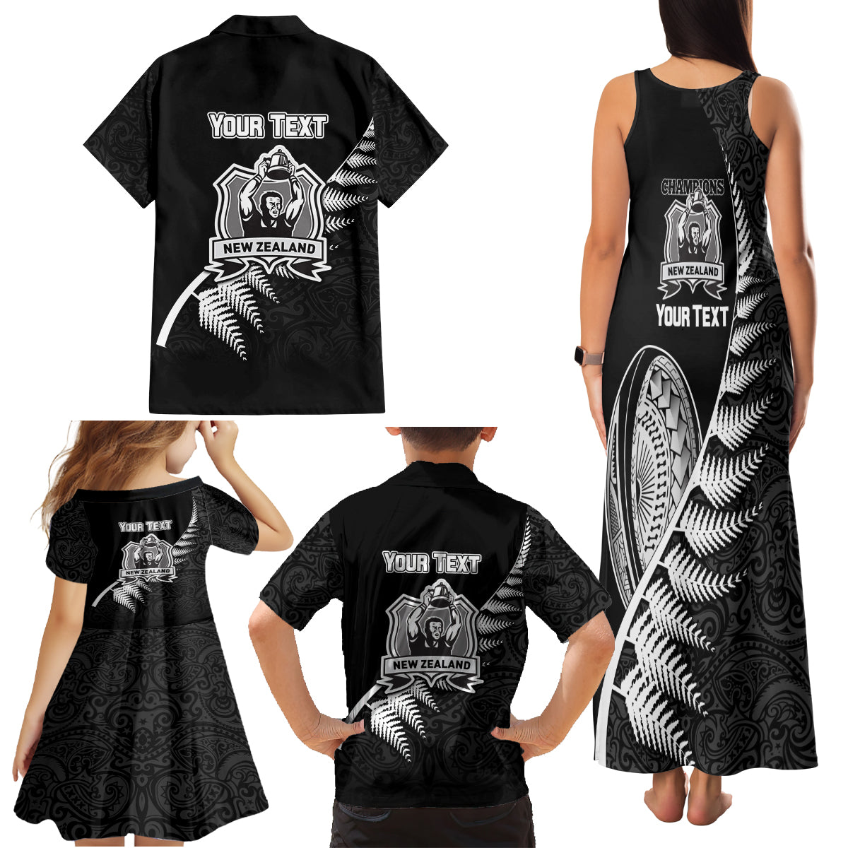 Custom New Zealand World Cup 2023 Family Matching Tank Maxi Dress and Hawaiian Shirt Aotearoa Champion Rugby with Silver Fern Maori Ethnic Pattern LT03 - Polynesian Pride