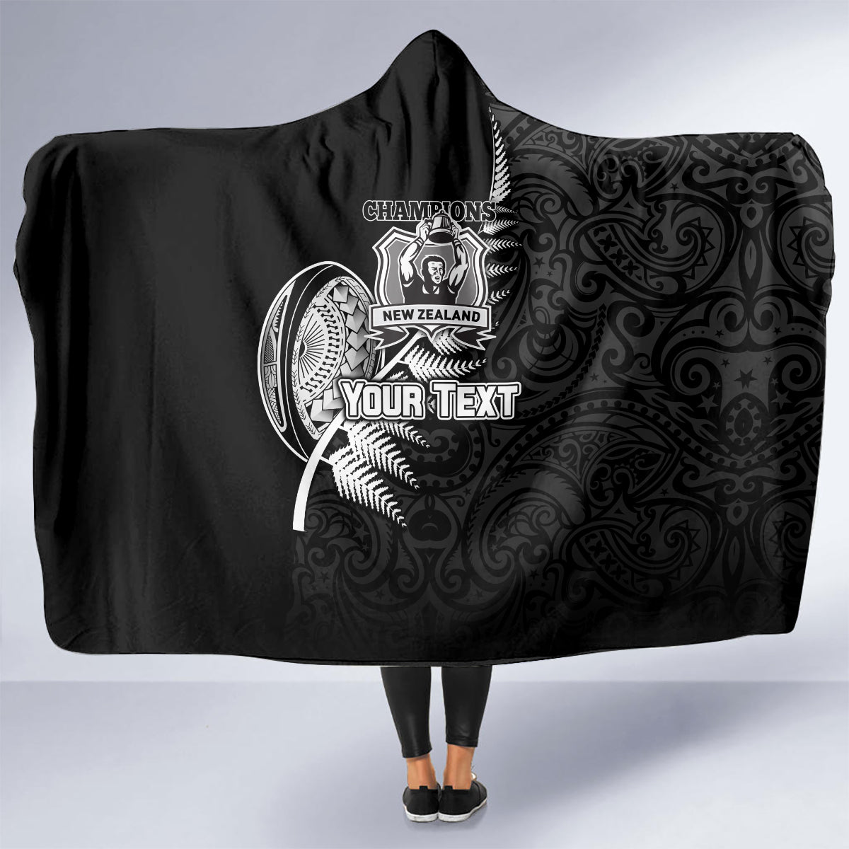 Custom New Zealand World Cup 2023 Hooded Blanket Aotearoa Champion Rugby with Silver Fern Maori Ethnic Pattern LT03 - Polynesian Pride