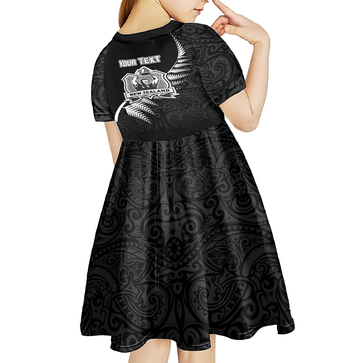 Custom New Zealand World Cup 2023 Kid Short Sleeve Dress Aotearoa Champion Rugby with Silver Fern Maori Ethnic Pattern LT03 - Polynesian Pride