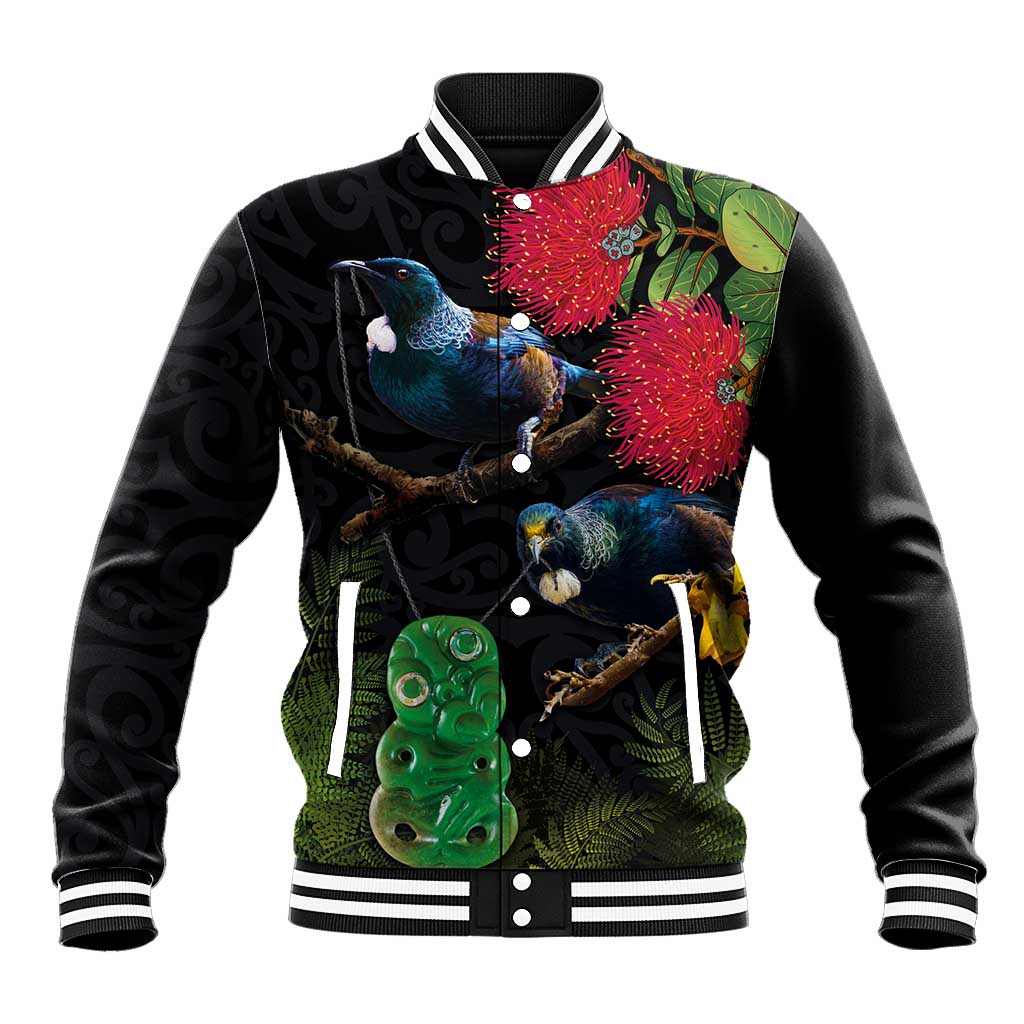 New Zealand Tui Baseball Jacket Guardians of the Hei Tiki - Maori Art and Plants