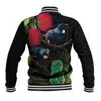 New Zealand Tui Baseball Jacket Guardians of the Hei Tiki - Maori Art and Plants
