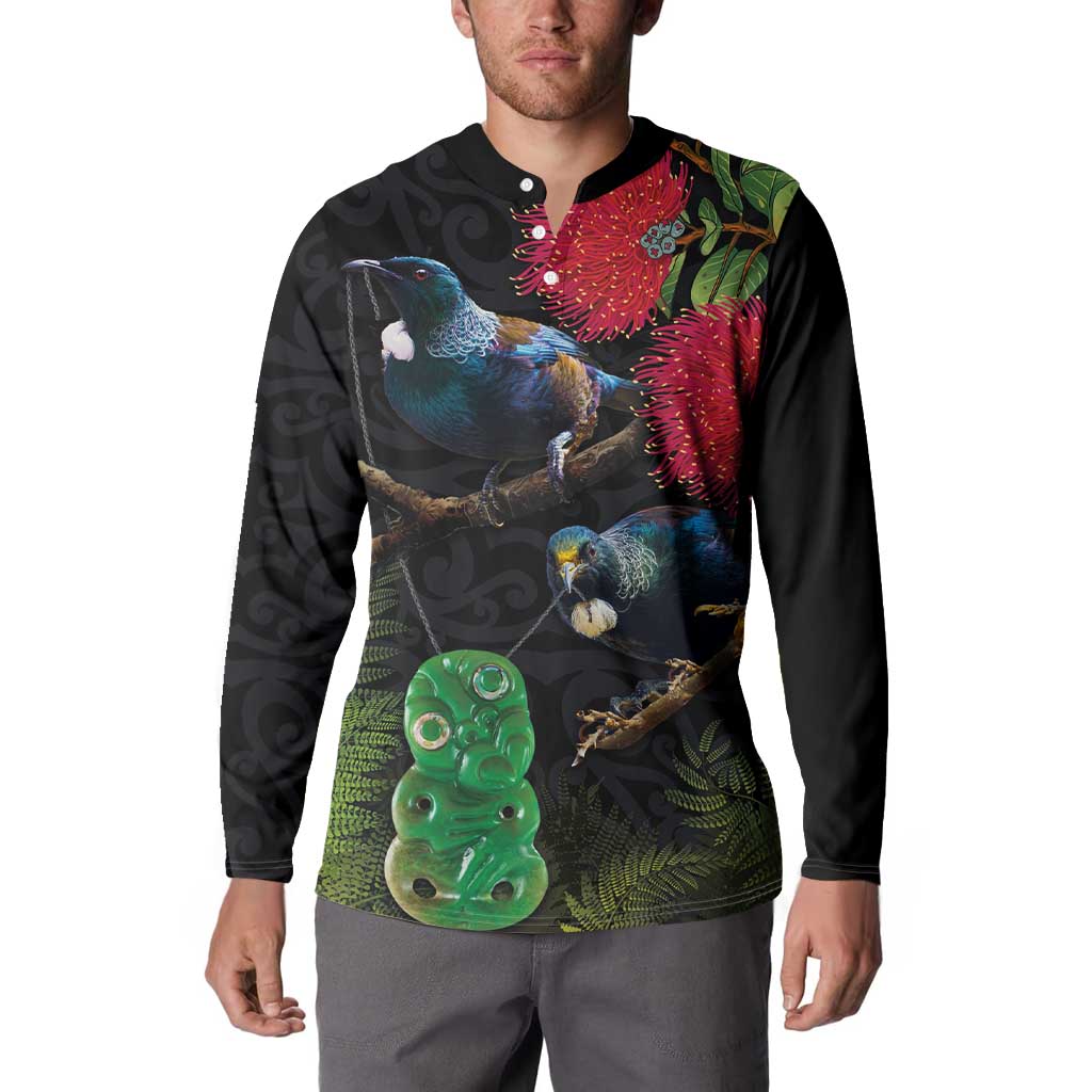 New Zealand Tui Button Sweatshirt Guardians of the Hei Tiki - Maori Art and Plants