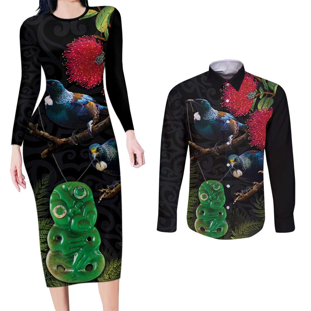 New Zealand Tui Couples Matching Long Sleeve Bodycon Dress and Long Sleeve Button Shirt Guardians of the Hei Tiki - Maori Art and Plants LT03 Black - Polynesian Pride