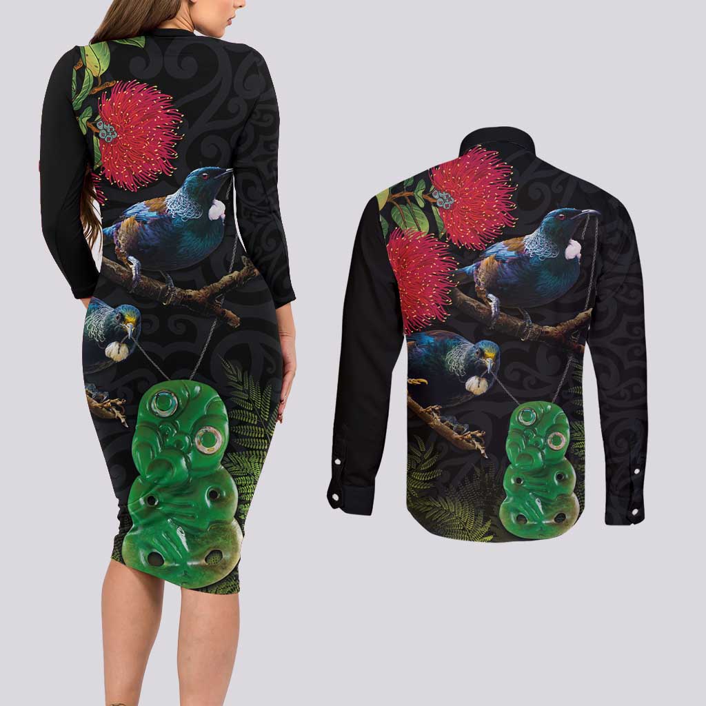 New Zealand Tui Couples Matching Long Sleeve Bodycon Dress and Long Sleeve Button Shirt Guardians of the Hei Tiki - Maori Art and Plants