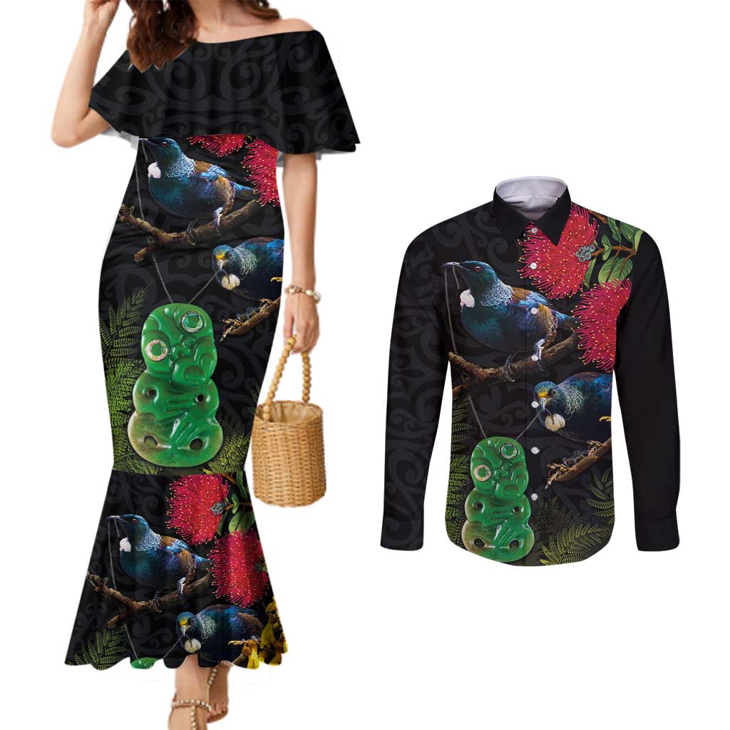 New Zealand Tui Couples Matching Mermaid Dress and Long Sleeve Button Shirt Guardians of the Hei Tiki - Maori Art and Plants LT03 Black - Polynesian Pride