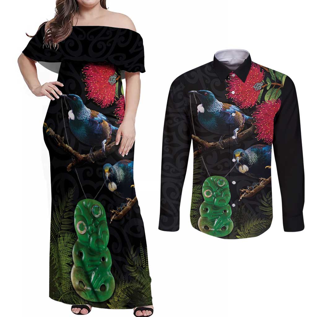 New Zealand Tui Couples Matching Off Shoulder Maxi Dress and Long Sleeve Button Shirt Guardians of the Hei Tiki - Maori Art and Plants LT03 Black - Polynesian Pride