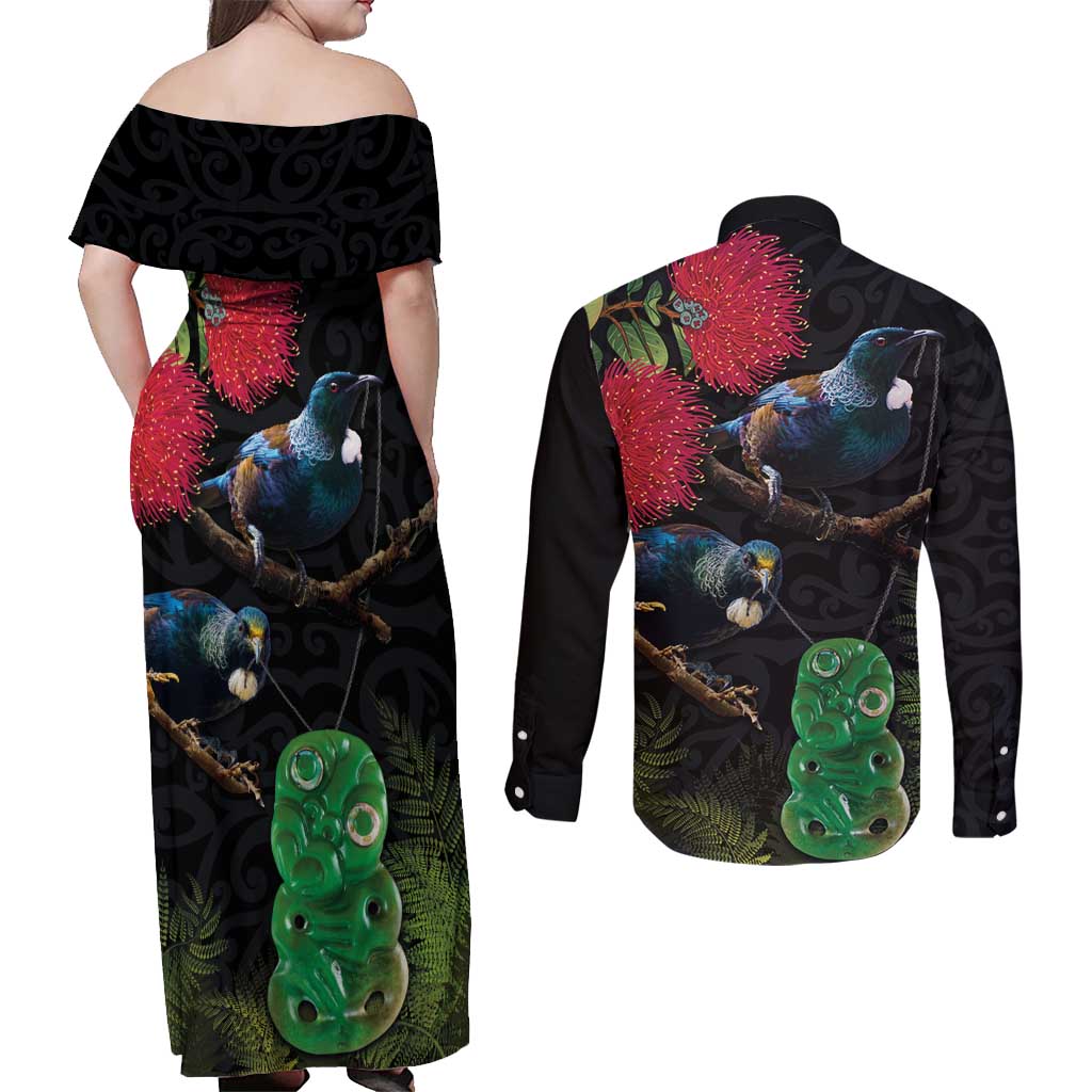 New Zealand Tui Couples Matching Off Shoulder Maxi Dress and Long Sleeve Button Shirt Guardians of the Hei Tiki - Maori Art and Plants