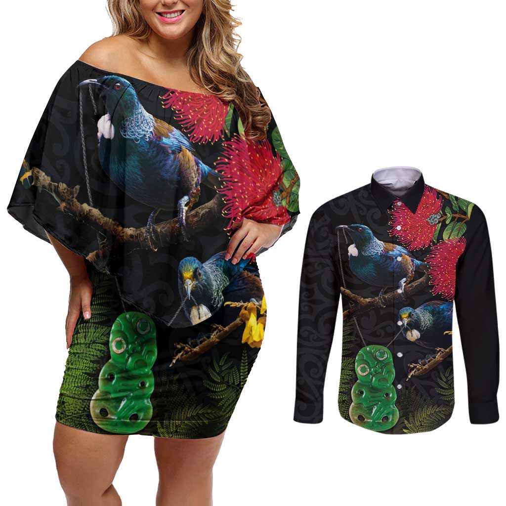New Zealand Tui Couples Matching Off Shoulder Short Dress and Long Sleeve Button Shirt Guardians of the Hei Tiki - Maori Art and Plants LT03 Black - Polynesian Pride