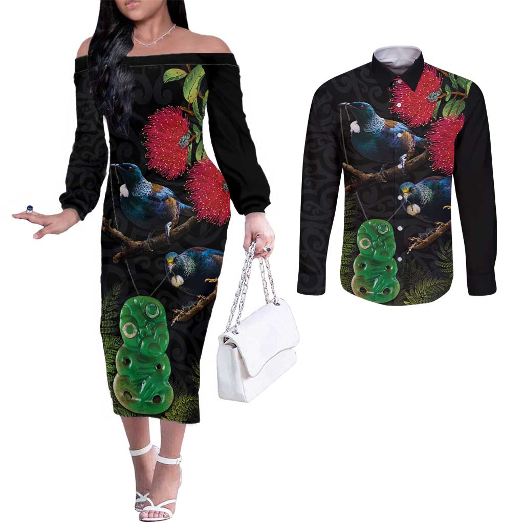 New Zealand Tui Couples Matching Off The Shoulder Long Sleeve Dress and Long Sleeve Button Shirt Guardians of the Hei Tiki - Maori Art and Plants LT03 Black - Polynesian Pride