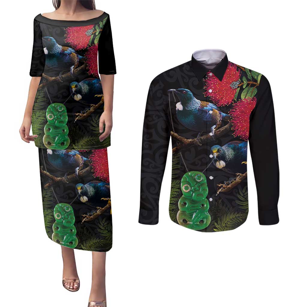 New Zealand Tui Couples Matching Puletasi and Long Sleeve Button Shirt Guardians of the Hei Tiki - Maori Art and Plants LT03 Black - Polynesian Pride