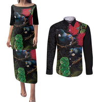 New Zealand Tui Couples Matching Puletasi and Long Sleeve Button Shirt Guardians of the Hei Tiki - Maori Art and Plants