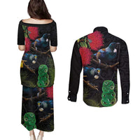 New Zealand Tui Couples Matching Puletasi and Long Sleeve Button Shirt Guardians of the Hei Tiki - Maori Art and Plants