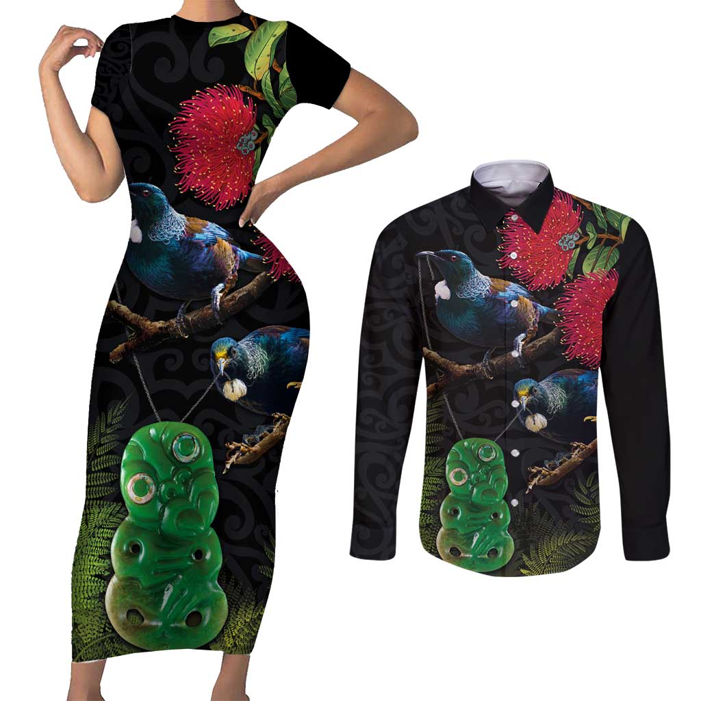 New Zealand Tui Couples Matching Short Sleeve Bodycon Dress and Long Sleeve Button Shirt Guardians of the Hei Tiki - Maori Art and Plants LT03 Black - Polynesian Pride