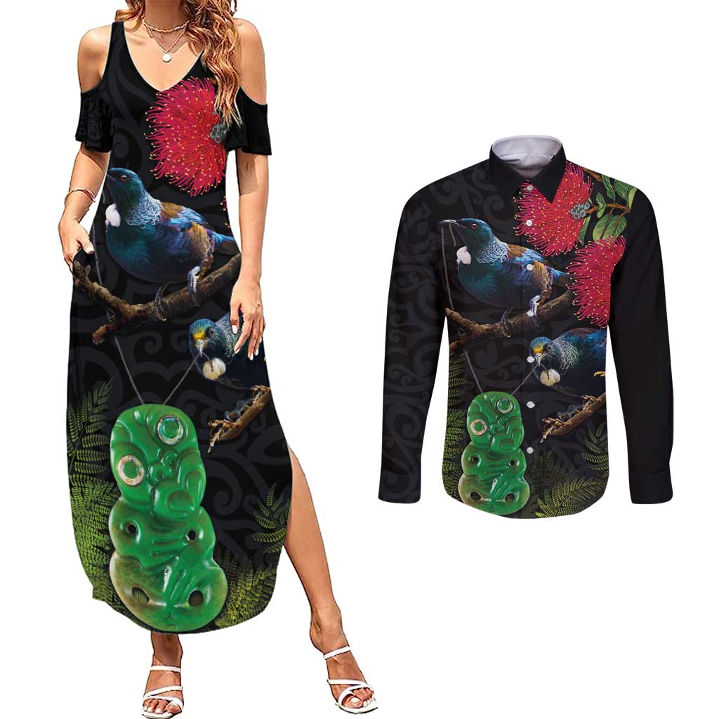 New Zealand Tui Couples Matching Summer Maxi Dress and Long Sleeve Button Shirt Guardians of the Hei Tiki - Maori Art and Plants LT03 Black - Polynesian Pride