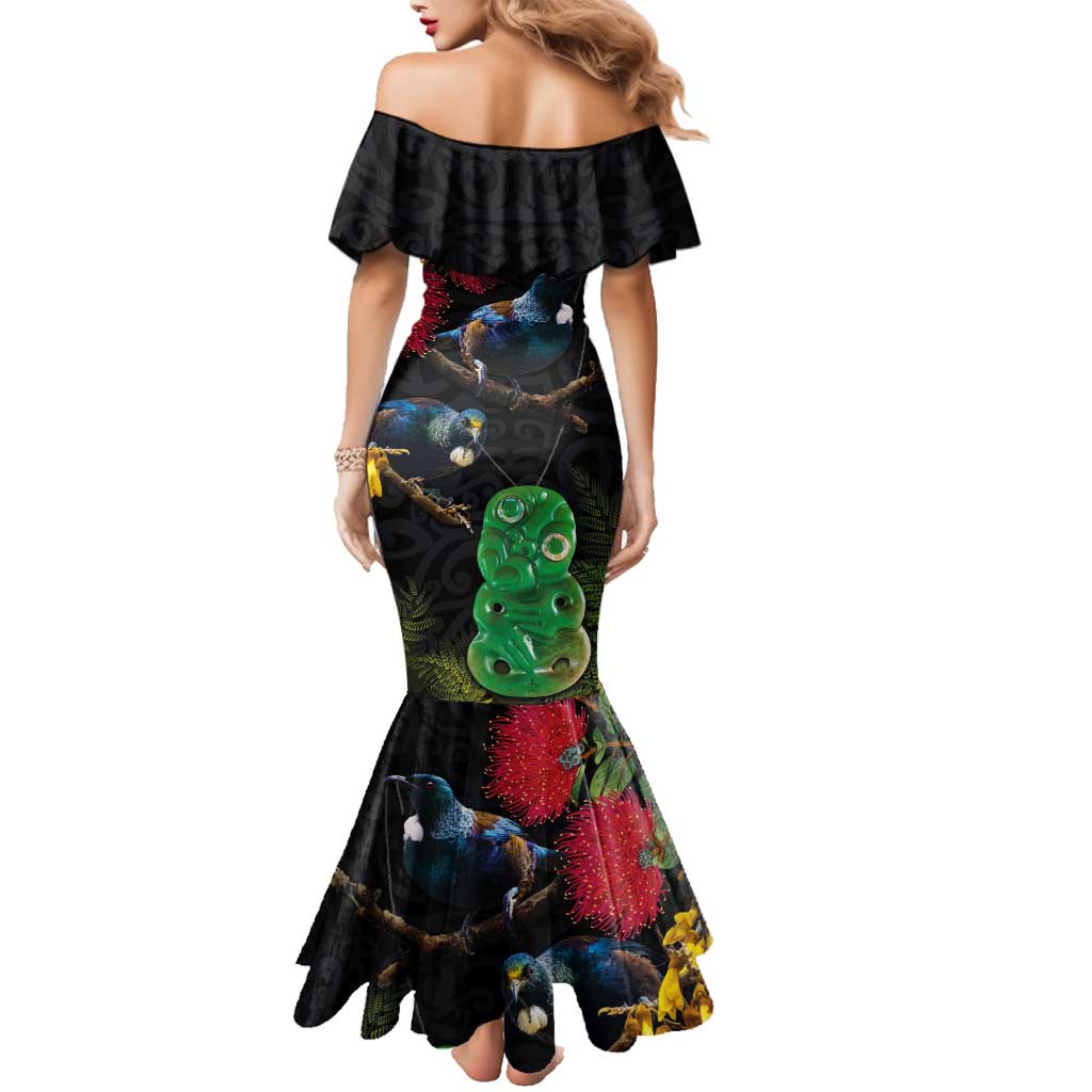 New Zealand Tui Family Matching Mermaid Dress and Hawaiian Shirt Guardians of the Hei Tiki - Maori Art and Plants