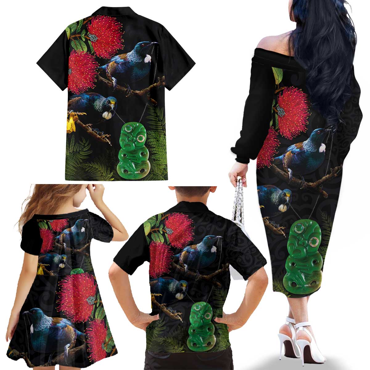New Zealand Tui Family Matching Off The Shoulder Long Sleeve Dress and Hawaiian Shirt Guardians of the Hei Tiki - Maori Art and Plants
